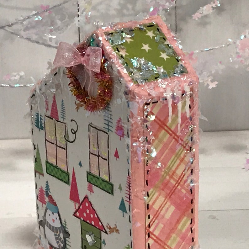 collectables wooden block houses Christmas village houses vintage appeal glitter houses vintage illustrations Christmas decoration