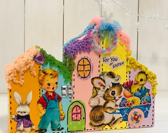 Easter village houses, wooden block houses, Easter decoration, glitter houses, collectables, vintage appeal