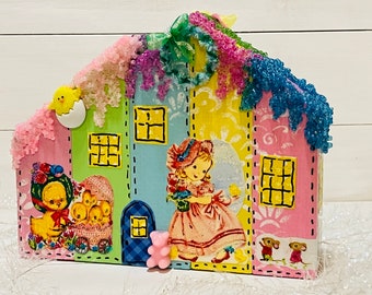 Easter village houses, wooden block houses, Easter decoration, glitter houses, collectables, vintage appeal