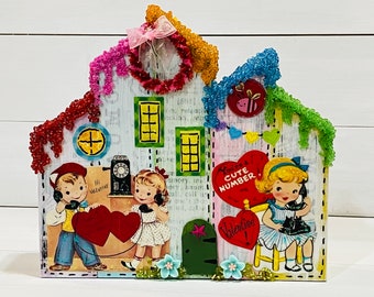 Valentine village, wooden block houses, Valentine decoration, glitter houses, Valentines Day, vintage appeal, Valentine decor