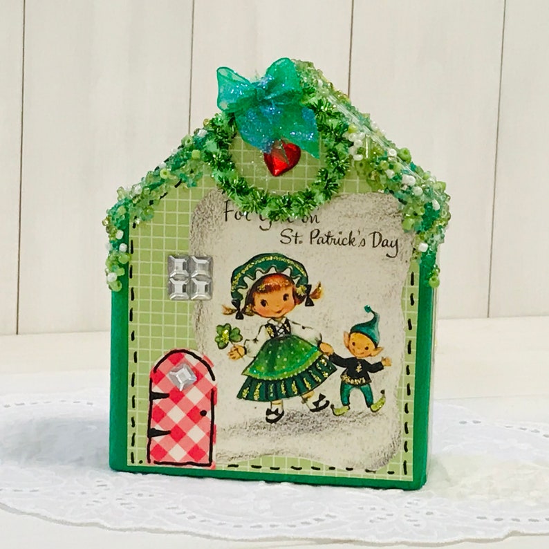 wooden block houses St Pattys d\u00e9cor village houses St Patricks Day d\u00e9cor mantel decoration St Patricks Day village houses table decor