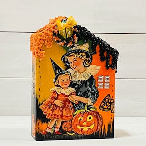 Retro Halloween, village houses, Halloween décor, vintage appeal, wooden block houses, Halloween décor, village houses, witches, black cats