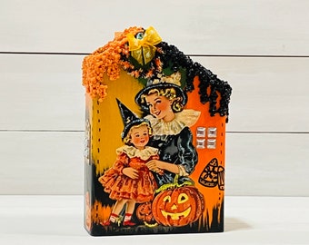 Retro Halloween, village houses, Halloween décor, vintage appeal, wooden block houses, Halloween décor, village houses, witches, black cats