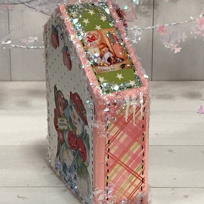 collectables wooden block houses Christmas village houses vintage appeal glitter houses vintage illustrations Christmas decoration