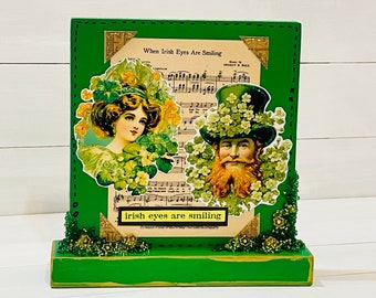 Shelf sitters, wooden block, St. Patricks Day, Irish, decoration, vintage image, vintage appeal, ornament, Wooden block décor