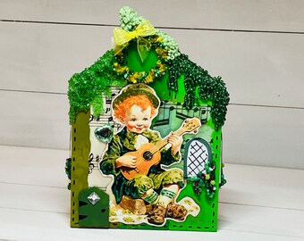 St Patricks Day village houses, St Patricks Day décor, Irish, wooden block houses, St. Pattys décor, village houses,  mantel decoration