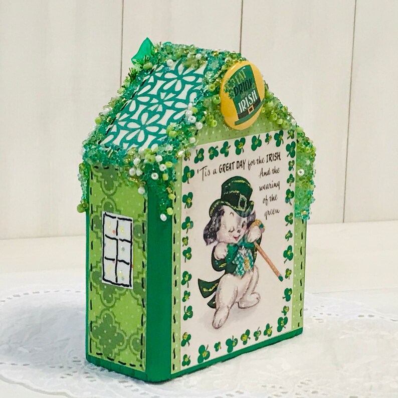 wooden block houses St Pattys d\u00e9cor village houses St Patricks Day d\u00e9cor mantel decoration St Patricks Day village houses table decor