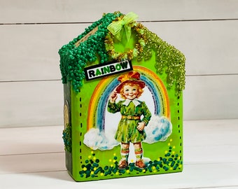 St Patricks Day village houses, St Patricks Day décor, Irish, wooden block houses, St. Pattys décor, village houses, mantel decoration