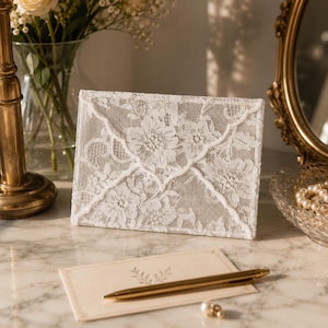 May include: A white lace envelope featuring a detailed floral pattern with a scalloped flap edge. The envelope is constructed from a delicate, semi-sheer fabric with intricate embroidery, showcasing a classic design suitable for holding stationery.