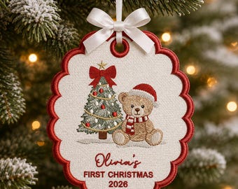 Adorno bordado personalizado para la primera Navidad del bebé, adorno bordado de oso con nombre personalizado para bebé, regalo de recuerdo para 2026, regalo para baby shower