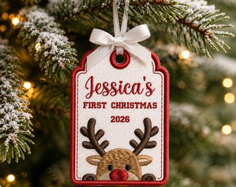 Personalized Baby's First Christmas Embroidered Ornament, Custom Name Reindeer Embroidered Ornament, 2026 Keepsake Gift, Baby Shower Gift