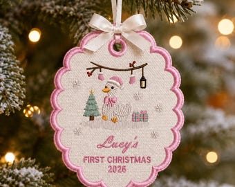 Personalized Baby's First Christmas Embroidered Ornament, Custom Girl Name Duck Embroidered Ornament, 2026 Keepsake Gift, Baby Shower Gift