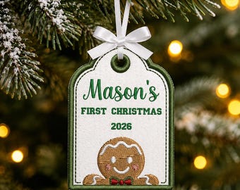 Personalized Baby's First Christmas Embroidered Ornament, Custom Name Gingerbread Embroidered Ornament, 2026 Keepsake Gift, Baby Shower Gift