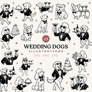 May include: A collection of 25 black and white illustrations featuring dogs dressed in formal wedding attire, including tuxedos and bow ties. The dogs are depicted holding champagne glasses, wedding cakes, and serving trays, accented by small red hearts and stars.