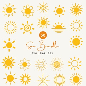 May include: A collection of 50 yellow sun icons in various graphic styles, including simple circles with rays, floral shapes, and swirling patterns. The text 50 Sun Bundle SVG . PNG . EPS is centered among the icons on a light background.