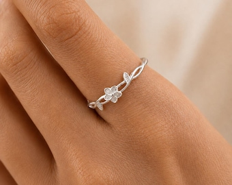 Elegant blommig vinrankering, justerbar öppen ring i 999 silver, smycken i botaniskt löv, minimalistisk present till henne