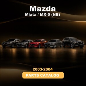 May include: A digital graphic featuring the text Mazda Miata / MX-5 (NB) at the top and 2003-2004 PARTS CATALOG at the bottom. The centre displays five Mazda vehicles in various shades of grey and red, arranged in a row against a dark background.