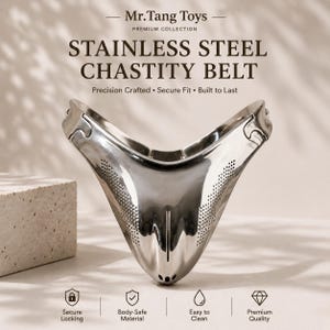 May include: A polished stainless steel chastity belt featuring a V-shaped design with perforated side panels and a central vertical slit. The text reads Mr. Tang Toys Premium Collection Stainless Steel Chastity Belt Precision Crafted Secure Fit Built to Last.