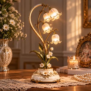 Może przedstawiać: Lampa stołowa ze złotym metalowym trzonem w kształcie wygiętej łodygi rośliny i czterema podświetlanymi, białymi szklanymi kloszami w kształcie kwiatów. Podstawa wykonana jest z białej ceramiki ze złotymi akcentami i małymi kwiatami.