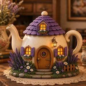 May include: A decorative teapot-shaped house featuring a cream-colored body, a purple shingled roof, and a central wooden door. The structure includes illuminated windows with purple shutters, flower boxes, and a small lantern, surrounded by lavender.