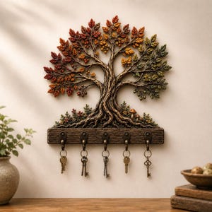 Op de afbeelding: Een wandgemonteerde sleutelhouder met een gebeeldhouwde boom met veelkleurige bladeren van rood tot groen. De basis is een rechthoekige houten plank met vijf bronzen metalen haken, elk met een metalen sleutel in vintage-stijl.