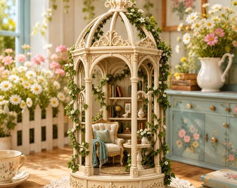 May include: A cream-colored, ornate, domed gazebo-style miniature room box featuring a tufted armchair, a small side table, and a bookshelf filled with tiny books. The structure is decorated with climbing green vines and small white flowers.