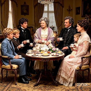 May include: A multi-generational family sits around a round wooden table for tea, featuring a floral teapot, small cakes, and teacups. The group wears formal attire, including suits, a lace-trimmed dress, and a shawl, set in a room with curtains.