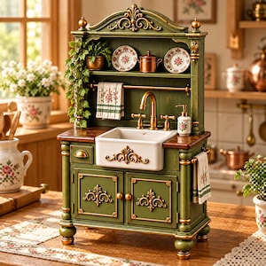 Peut inclure: Un buffet de cuisine miniature vert avec un évier de ferme blanc, un robinet en laiton et des détails dorés ornés. L'unité comprend une étagère avec des assiettes décoratives, un pot en cuivre, une serviette suspendue et une plante verte.