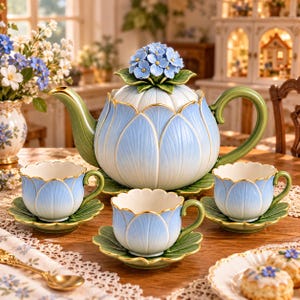 Op de afbeelding: Een keramische theeset bestaande uit een theepot en drie kopjes met schotels, vormgegeven als blauwe lotusbloemen met groene bladvoeten. Het deksel van de theepot is bekroond met blauwe hortensiabloemen en gouden randaccenten.