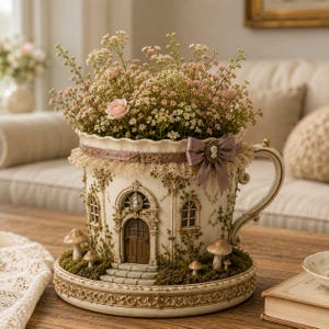 Puede incluir: Una maceta decorativa con forma de taza de té grande que presenta una fachada de casa en miniatura con puerta marrón, ventanas arqueadas y escalones de piedra. La base está adornada con musgo y setas, y contiene un ramo de flores rosas y blancas.