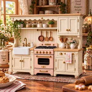 May include: A miniature toy kitchen set featuring a cream-colored wooden frame with a light pink oven and stove unit. The kitchen includes a white farmhouse sink, brass-toned hardware, hanging wooden utensils, and shelves stocked with small jars.