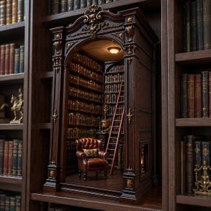 Könnte beinhalten: Ein Bücherregal-Einsatz aus dunklem Holz mit einem Bogendurchgang, einem Miniatur-Bibliotheksinneren mit Bücherreihen, einer hohen Holzleiter und einem braunen Ledersessel mit Knopfheftung und gemustertem Kissen, beleuchtet durch eine Deckenleuchte.