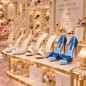 Peut inclure: Une présentation de quatre paires de chaussures à talons hauts sur une étagère. Deux paires sont crème avec de la dentelle et des cristaux, une paire présente un ornement en forme de main avec des cristaux, et une paire est en jean bleu avec un nœud.