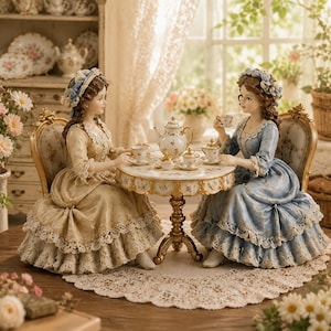 Puede incluir: Dos figuras de porcelana de mujeres con vestidos largos con volantes, uno en crema y otro en azul, sentadas a una mesa redonda con un juego de té. La mesa presenta un patrón floral y las figuras llevan tocados a juego con encaje y cintas.