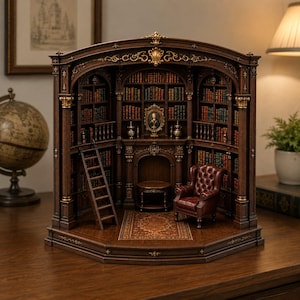 Puede incluir: Un diorama de biblioteca en miniatura de madera oscura con estanterías llenas de libros diminutos, una chimenea central con un retrato enmarcado, una escalera, un sillón de cuero capitoné, una mesa redonda pequeña y una alfombra estampada.