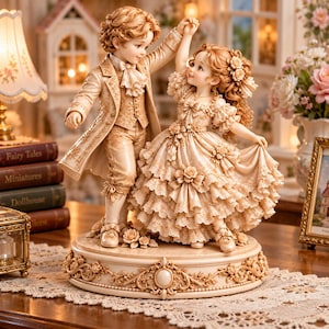 May include: A decorative figurine of two figures dancing, dressed in ornate, cream-colored period clothing with ruffled details and floral accents. The figures stand on a circular, pedestal base decorated with intricate relief carvings and small roses.