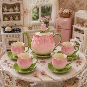 Puede incluir: Un juego de té de cerámica que incluye una tetera y cuatro tazas con forma de tulipanes rosas y platillos de hojas verdes. La tapa de la tetera tiene un remate en forma de capullo de tulipán. Dos pequeñas cucharas doradas con puntas florales.