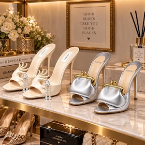 May include: Two pairs of high-heeled mules. The first pair is cream-coloured with a hand-shaped embellishment and dangling crystal accents. The second pair is metallic silver with a gold-toned kiss-lock coin purse detail on the front.