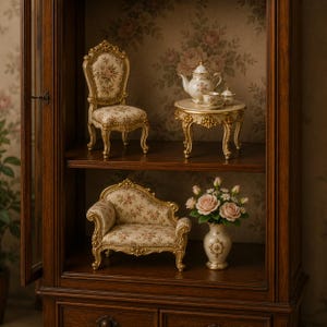 May include: A miniature furniture set featuring a floral upholstered chair and a chaise lounge with gold-toned ornate frames. A small round table holds a tea set, while a white vase displays a bouquet of pink roses and white flowers.