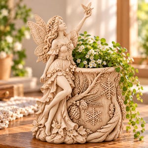 May include: A cream-coloured resin planter featuring a sculpted fairy with wings reaching towards a small bird. The planter base is decorated with relief carvings of snowflakes, pinecones, and evergreen branches, holding a green plant with white flowers.