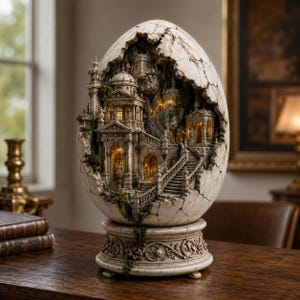 May include: A decorative egg-shaped sculpture featuring a cracked outer shell revealing an intricate, illuminated miniature architectural scene inside. The interior displays stone buildings, staircases, and arches with warm lighting on a pedestal base.
