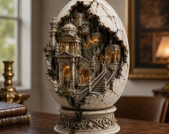 May include: A decorative egg-shaped sculpture featuring a cracked outer shell revealing an intricate, illuminated miniature architectural scene inside. The interior displays stone buildings, staircases, and arches with warm lighting on a pedestal base.