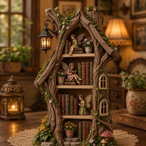 Peut inclure: Une étagère décorative en forme d'arbre avec trois niveaux, des figurines de fées miniatures, des rangées de livres anciens, des fleurs en pot et une lanterne suspendue. La structure imite l'écorce avec de la mousse et des fleurs.