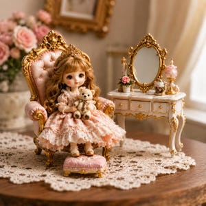 May include: A doll with long brown hair wearing a pink lace dress and a gold crown, seated in a pink tufted armchair with gold trim. The doll holds a small teddy bear. Beside the chair is a white vanity table with a gold oval mirror and drawers.