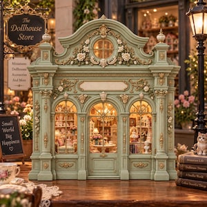 May include: A sage green miniature dollhouse shop facade with ornate gold detailing, a central arched doorway, and two side windows. The structure features intricate floral carvings, a circular window at the top, and illuminated interior rooms displaying miniature furniture and decor.