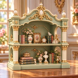 May include: A two-tiered sage green display shelf featuring ornate gold-toned architectural columns, decorative molding, and a central arched top. The shelves are filled with miniature books, floral vases, a small clock, a bust, and decorative boxes.