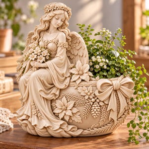 May include: A beige resin planter featuring a sculpted angel with long wavy hair and wings, holding a bouquet of flowers. The planter is decorated with relief carvings of poinsettias, pine cones, and a large bow, containing green foliage.