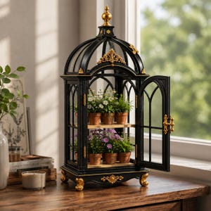 May include: A black metal birdcage-style display case with gold accents and a domed top. The structure features two wooden shelves holding six small terracotta pots containing white daisies and purple flowers. The front door is open on a hinge.