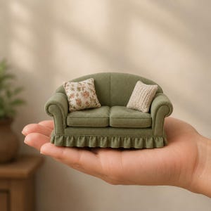 May include: A miniature sage green sofa featuring a ruffled skirt base, rounded arms, and two small decorative throw pillows. One pillow has a floral pattern, while the other has a textured, ribbed knit design. The sofa is scaled to fit in a palm.