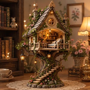 May include: A miniature treehouse model featuring a detailed wooden structure with a shingled roof, a balcony with a sofa, and a staircase winding around the trunk. The house is decorated with green vines, small pink flowers, and glowing lanterns.